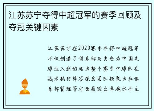 江苏苏宁夺得中超冠军的赛季回顾及夺冠关键因素