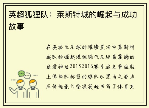 英超狐狸队：莱斯特城的崛起与成功故事